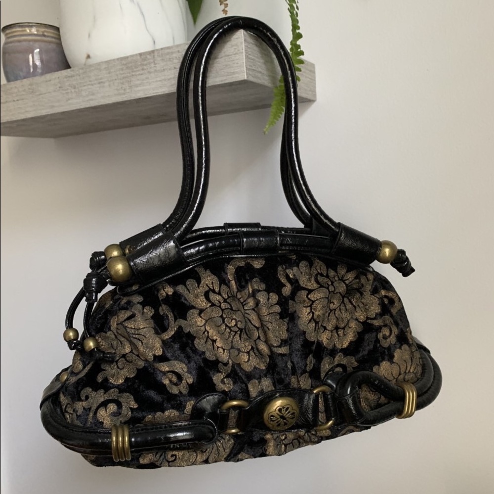 MISCHA BARTON Vintage Black and Gold Floral Velour Handbag